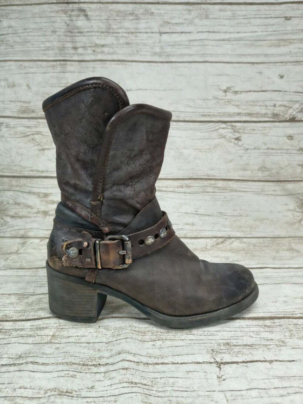 Steve Madden Brown Distressed Leather Studded Harness Boots Size 38